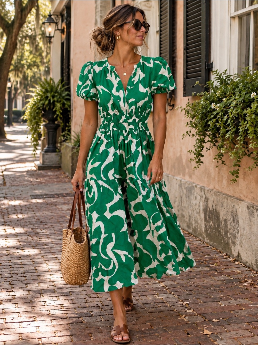 Meadow Rhodes Green White Tropical Botanical Smocked Cotton Midi Dress PXL